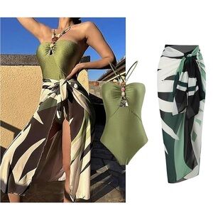 Beaded One peice swimsuit and beach sarong coverup 2 piece SET.